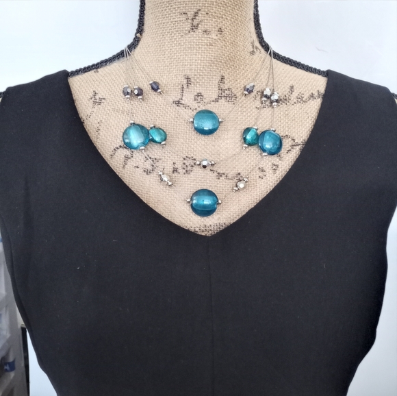 3 Strand Fixed Point Aquamarine & Slate Beaded Silver Statement Necklace - Picture 2 of 8
